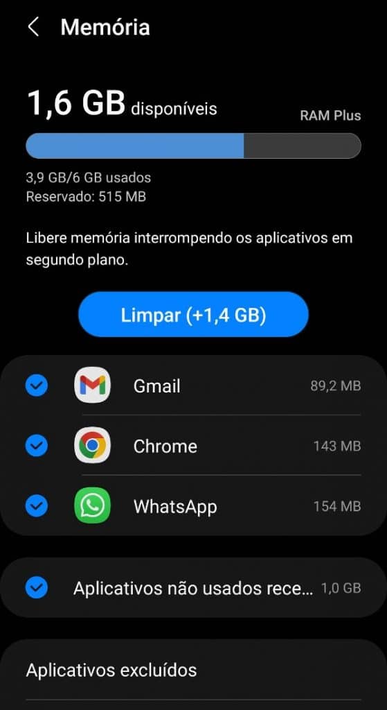 Memória RAM do celular em uso