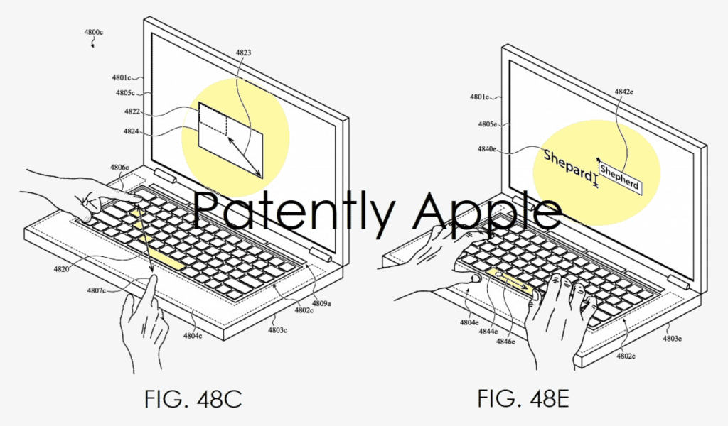 Patente da Apple teclado como touchpad em um MacBook (Imagem: reprodução/Patently Apple)