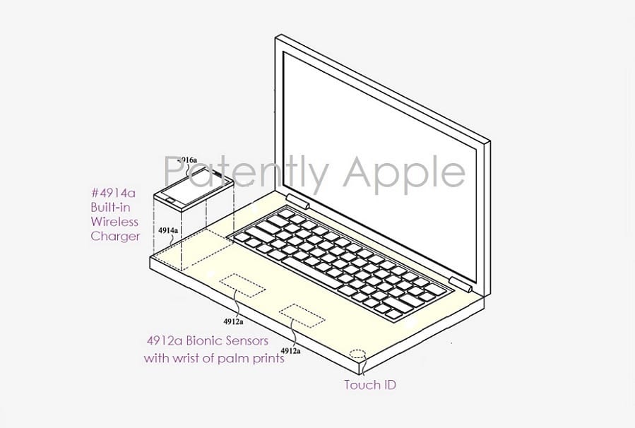 Patente da Apple com carregador wireless em um MacBook (Imagem: reprodução/Patently Apple)