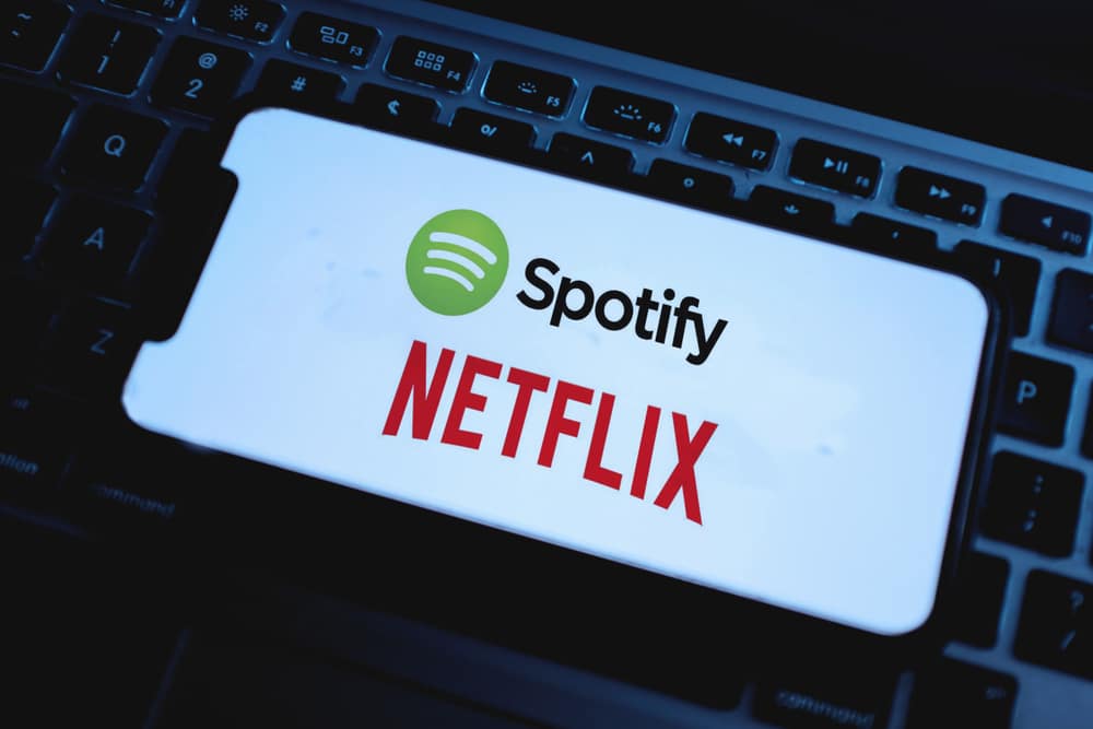 Celular mostrando as logos do Spotify e Netflix
