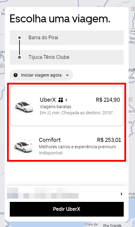 Consultar o preço estimado do Uber pelo PC