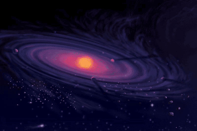 Impressão artística representando a hipótese nebular proposta por Immanuel Kant e desenvolvida por Pierre-Simon Laplace. Nessa teorita, o Sistema Solar teria se originado a partir de uma vasta nuvem de gás e poeira