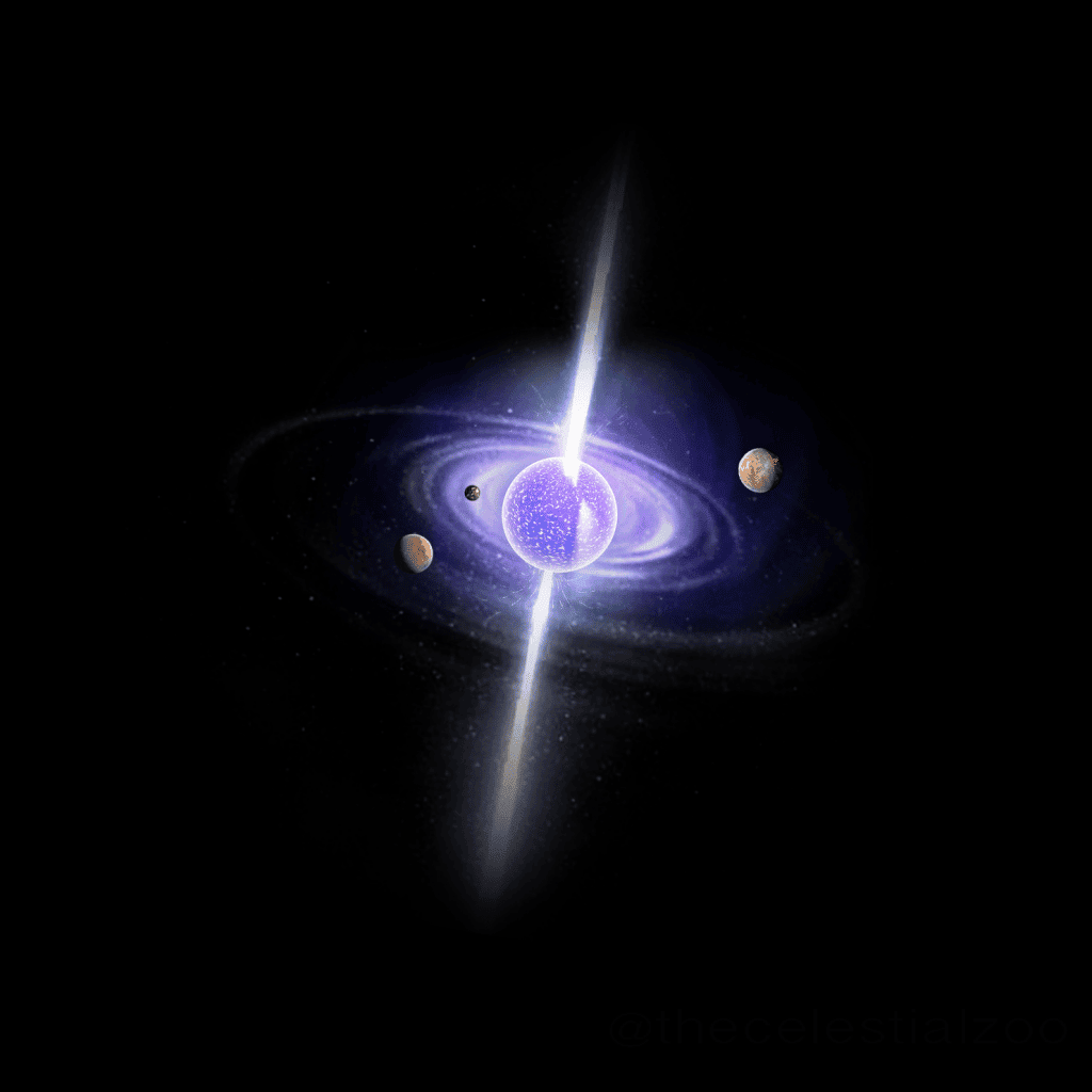 Ilustração do sistema planetário do pulsar Lich, com os exoplanetas Poltergeist, Phobetor e Draugr: os três foram descobertos por muita sorte, segundo novo estudo