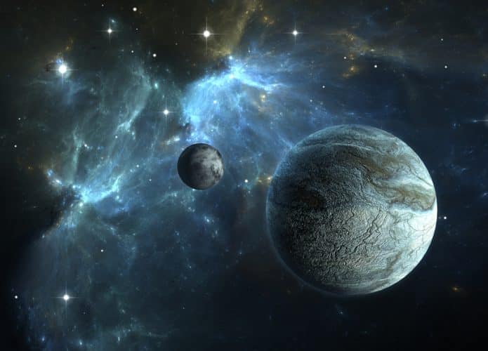 Imagem: Ilustração de exoplaneta de pedra com lua no fundo