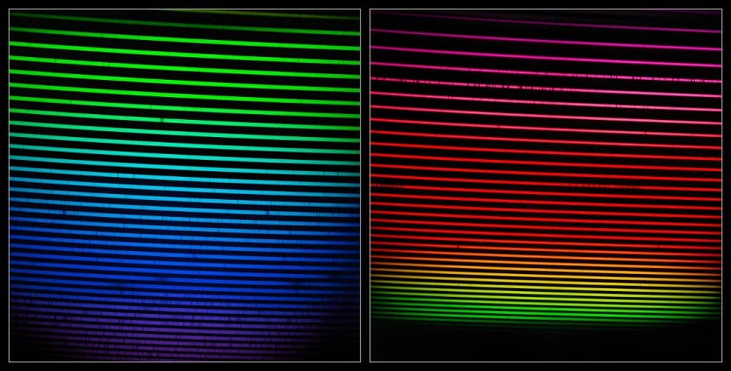 O mosaico mostra as duas imagens espectrográficas da estrela HD 222925, que está em sua fase final de vida e, consequentemente, extremamente brilhante: os feixes azuis correspondem ao espectro ultravioleta, invisível aos olhos, enquanto o outro é infravermelho