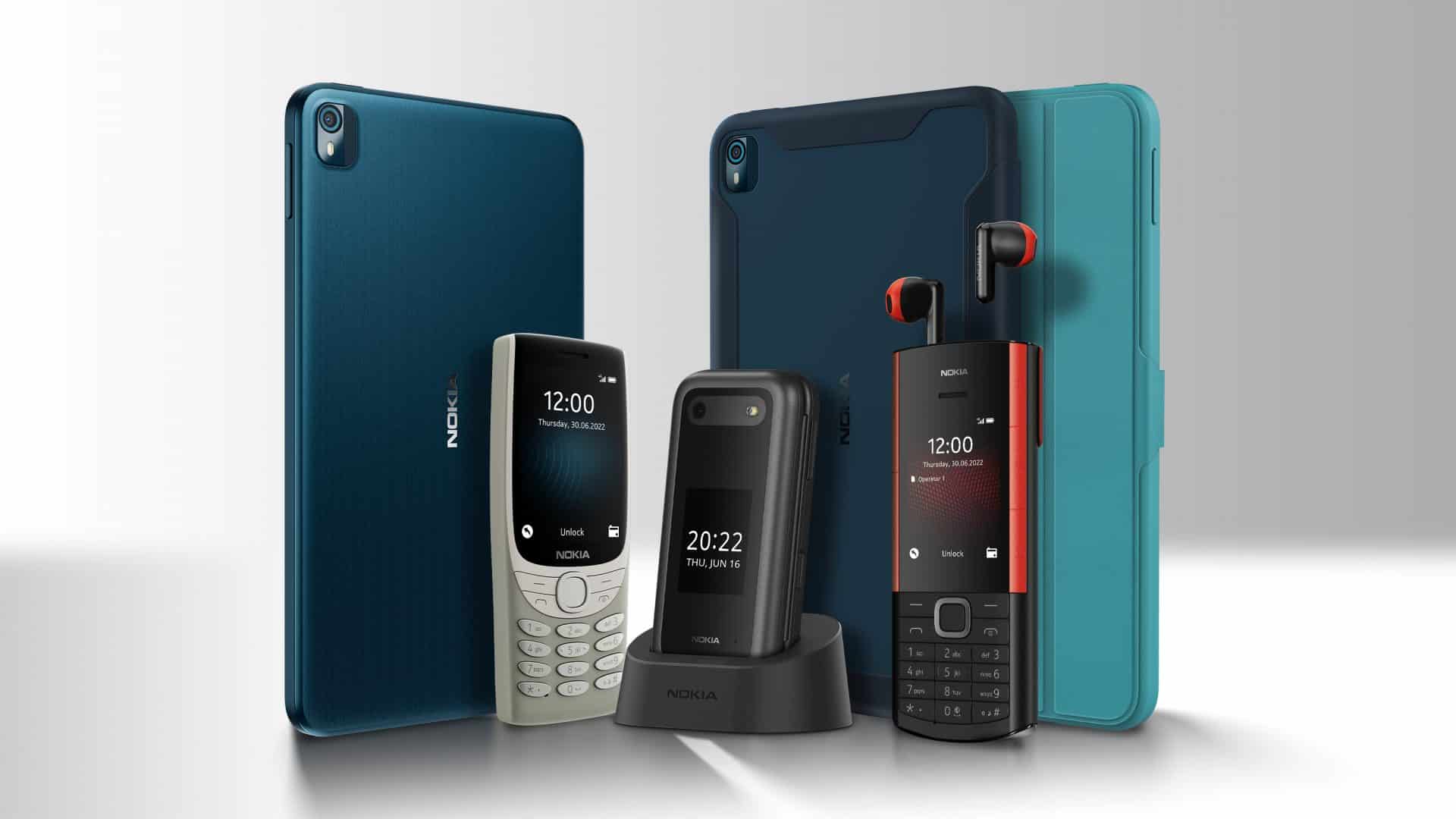 Celulares simples da Nokia, junto de tablet T10 (Imagem: divulgação/Nokia)