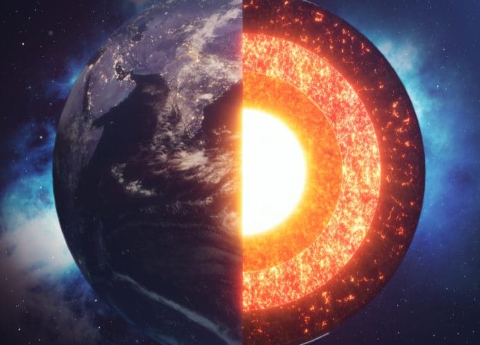 Ilustração mostrando a Terra em suas três camadas principais: crosta, manto e núcleo