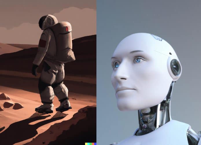 Imagens feitas com o DALL-E 2 mostram um astronauta andando em Marte e o render 3D de um robô realista