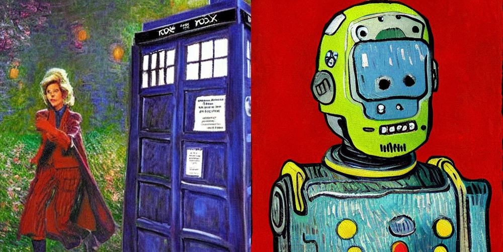 Doctor Who e Tardis no estilo Monet / Robô no estilo Van Gogh  