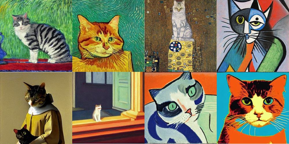 Gatos desenhados pelo DreamStudio Beta no estilo dos artistas Monet, Van Gogh, Klimt, Picasso, Vermeer, Hopper, Matisse e Warhol