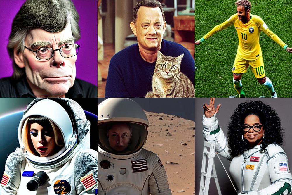 Stephen King, Tom Hanks e Neymar em situações normais, Lady Gaga, Elon Musk (em Marte) e Oprah Winfrey como astronautas