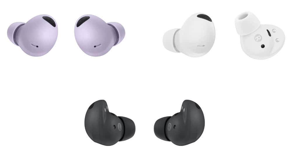 Galaxy Buds2 Pro conta com três opções de cores, roxa, branca e preta