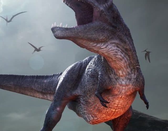 Imagem renderizada de um T-Rex próximo da extinção