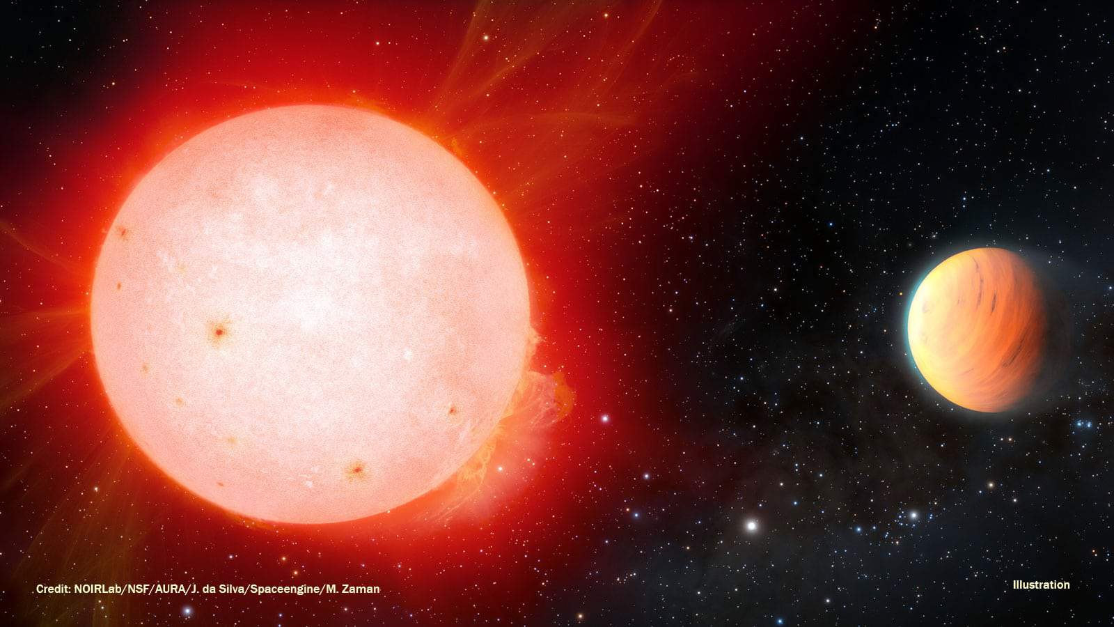 Ilustração do planeta com densidade de um marshmallow (Imagem: divulgação/NOIRLab/NSF/AURA/J. Da Silva/Spaceengine/M. Zamani)
