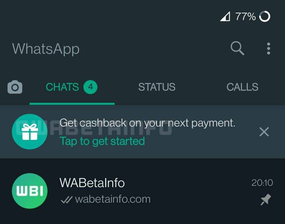 Cashback em pagamentos pelo WhatsApp