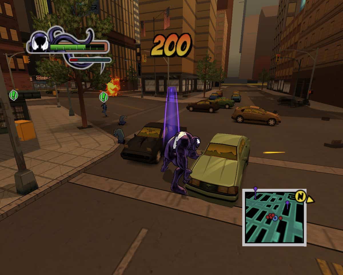 Venom causing trouble and throwing cars in Ultimate Spider-Man