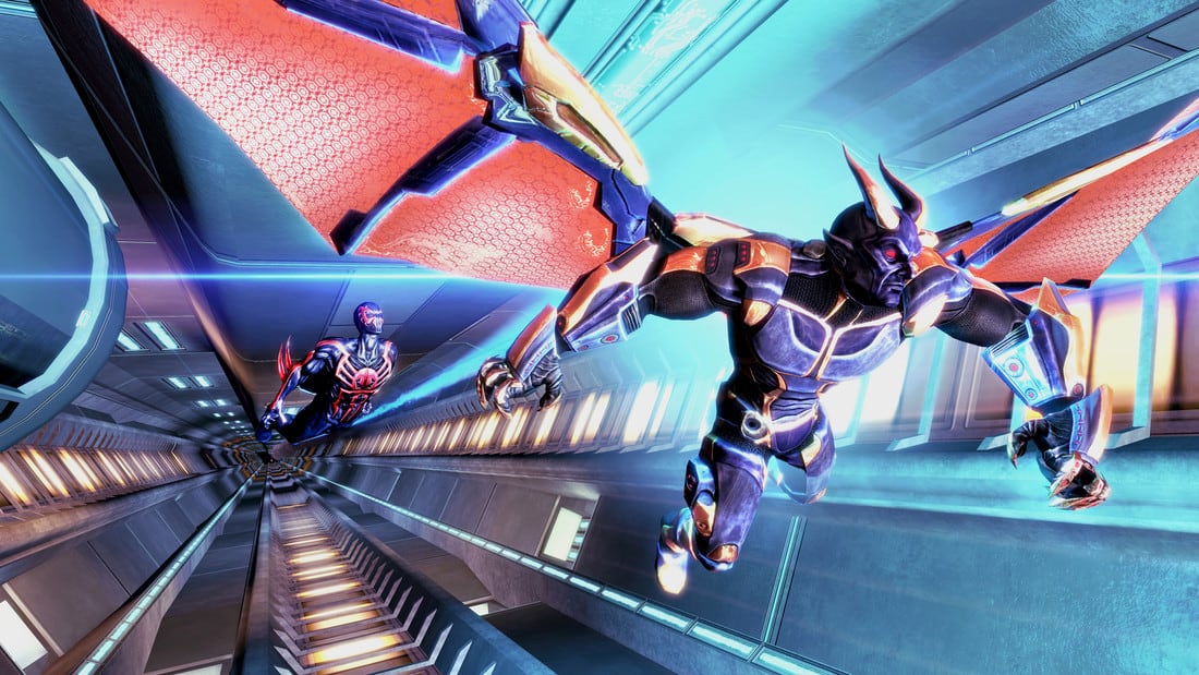 Spider-Man 2099 chases an enemy in Spider-Man: Shattered Dimensions