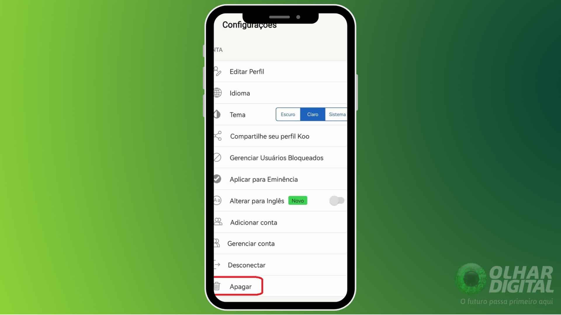 Excluir conta Koo App