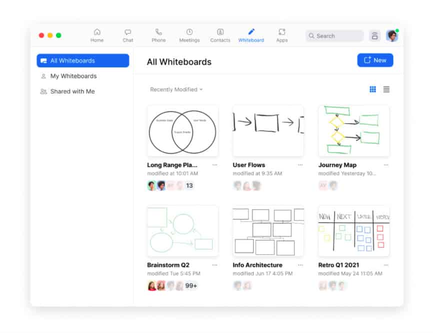Zoom Whiteboard, conforme acessado através do aplicativo Zoom.