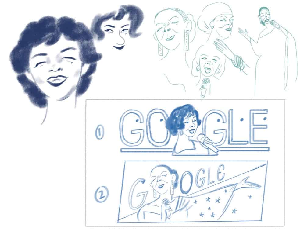 Rascunhos mostram o início dos desenhos do Doodle de Elizeth Cardoso; Google não divulgou o nome do artista — Foto: Reprodução/Google