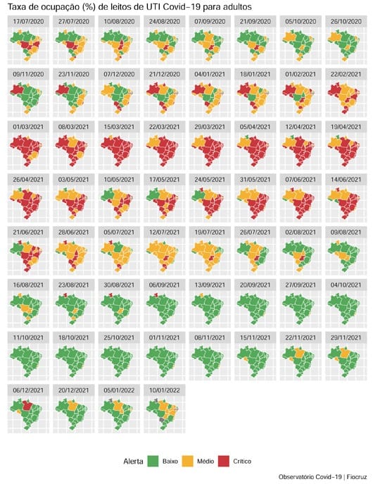 Taxa de ocupação de UTIs para Covid-19 nos estados brasileiros, de 17/07/2021 a 10/01/2022. Imagem: Observatório Covid-19 / Fiocruz
