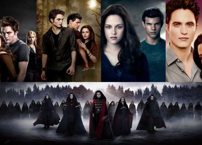 Montagem com pôsteres dos filmes da saga Crepúsculo