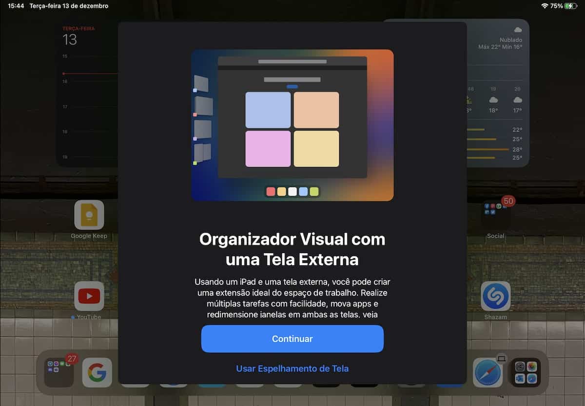 iPadOS 16.2 com tela externa (Imagem: reprodução)