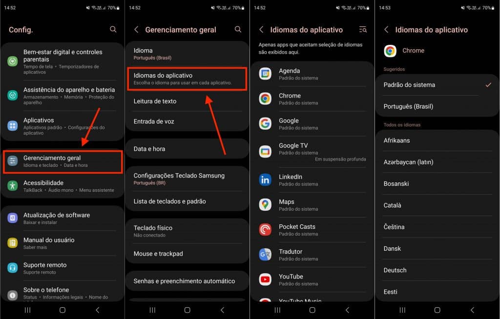 Idiomas para cada app na One UI 5 com Android 13 (Imagem: reprodução/Olhar Digital)