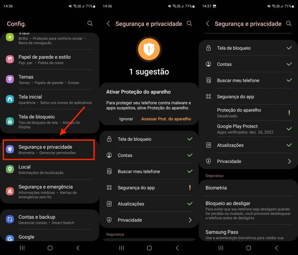 Segurança e privacidade One UI 5 com Android 13 (Imagem: reprodução/Olhar Digital)