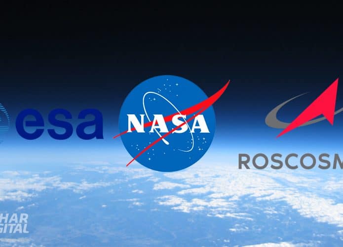 Montagem com logos das agências espaciais ESA, Nasa e Roscosmos com horizonte do planeta Terra ao fundo