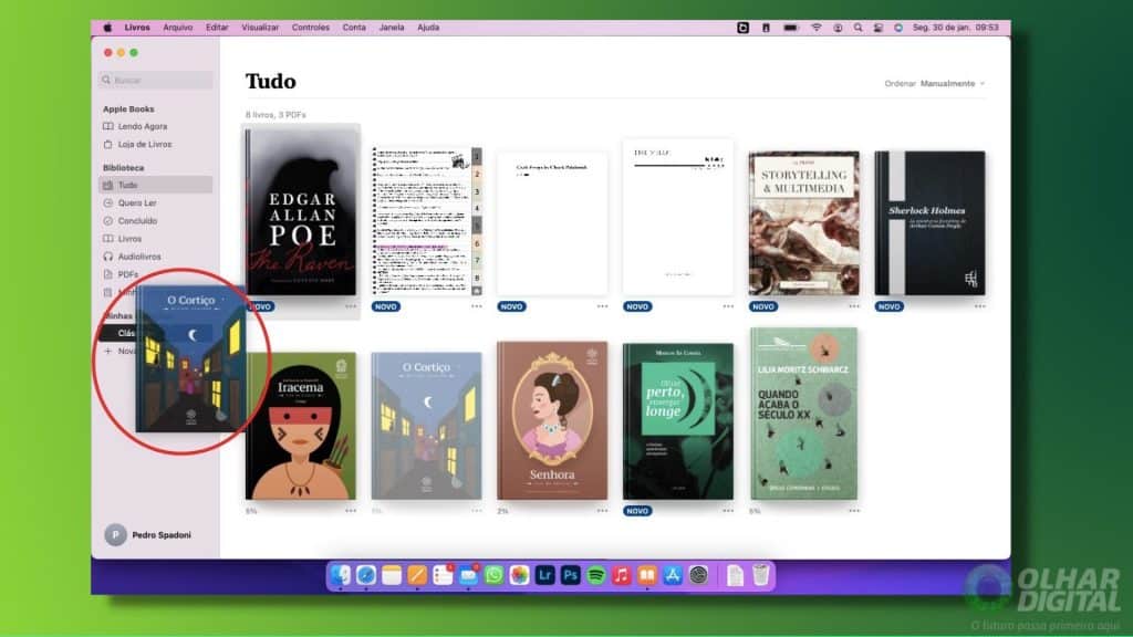 Tela com livro sendo arrastado para coleção no Apple Livros num Mac