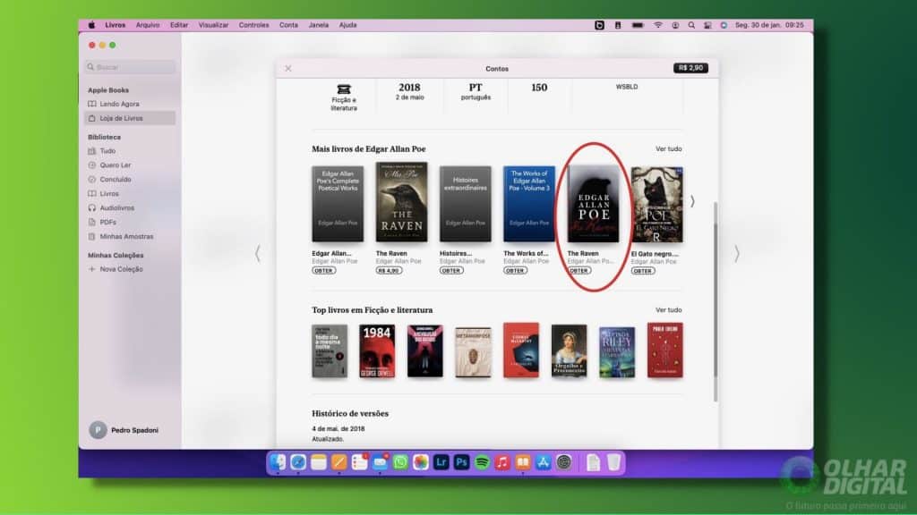 Tela do Apple Livros com vários títulos