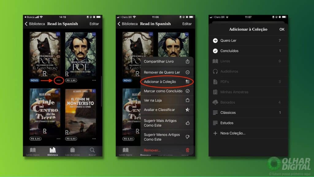 Telas para adicionar um livro a alguma coleção no Apple Livros num iPhone