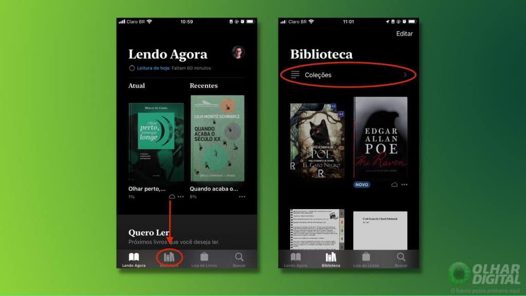 Telas iniciais e da biblioteca do Apple Livros num iPhone