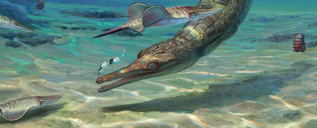 Representação do crocodilo marinho da espécie Turnersuchus hingleyae (Credito: Júlia d'Oliveira)