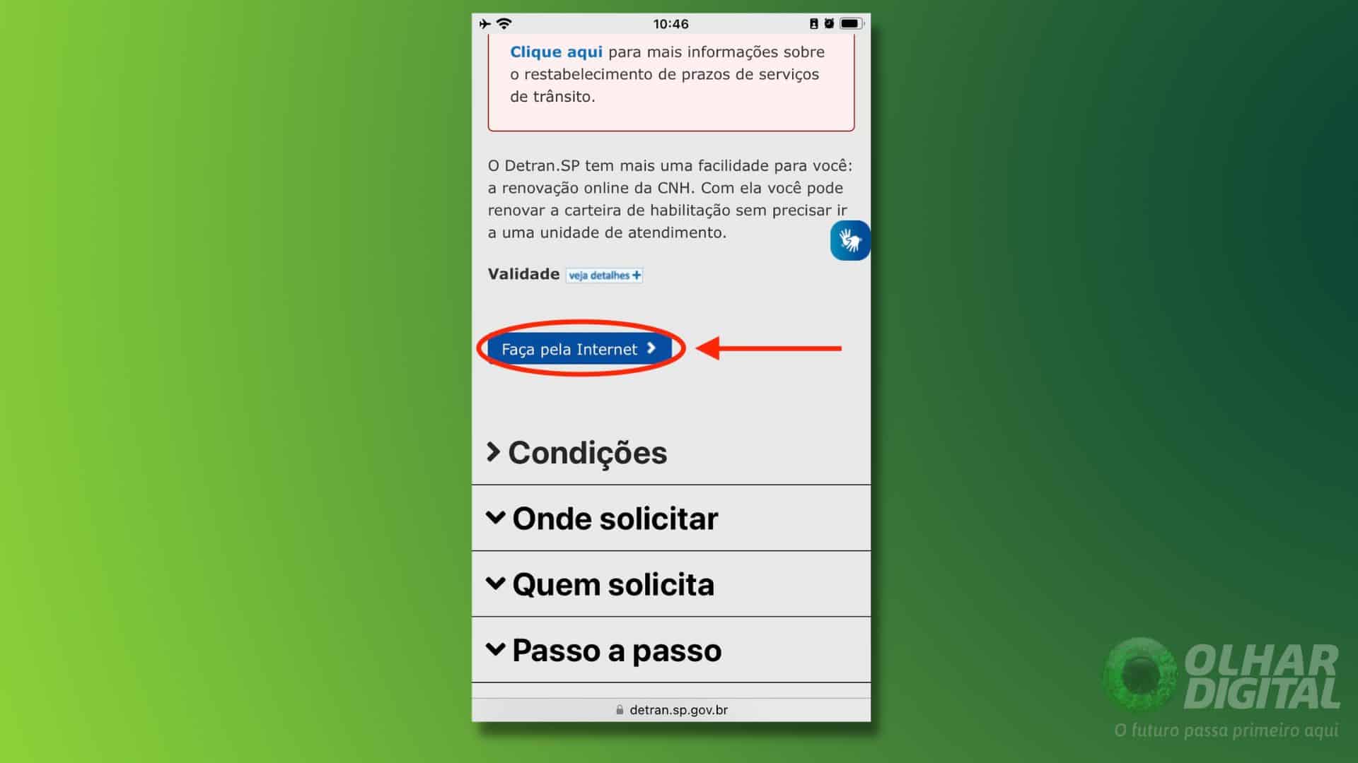 Tela no site do Detran no navegador de um iPhone