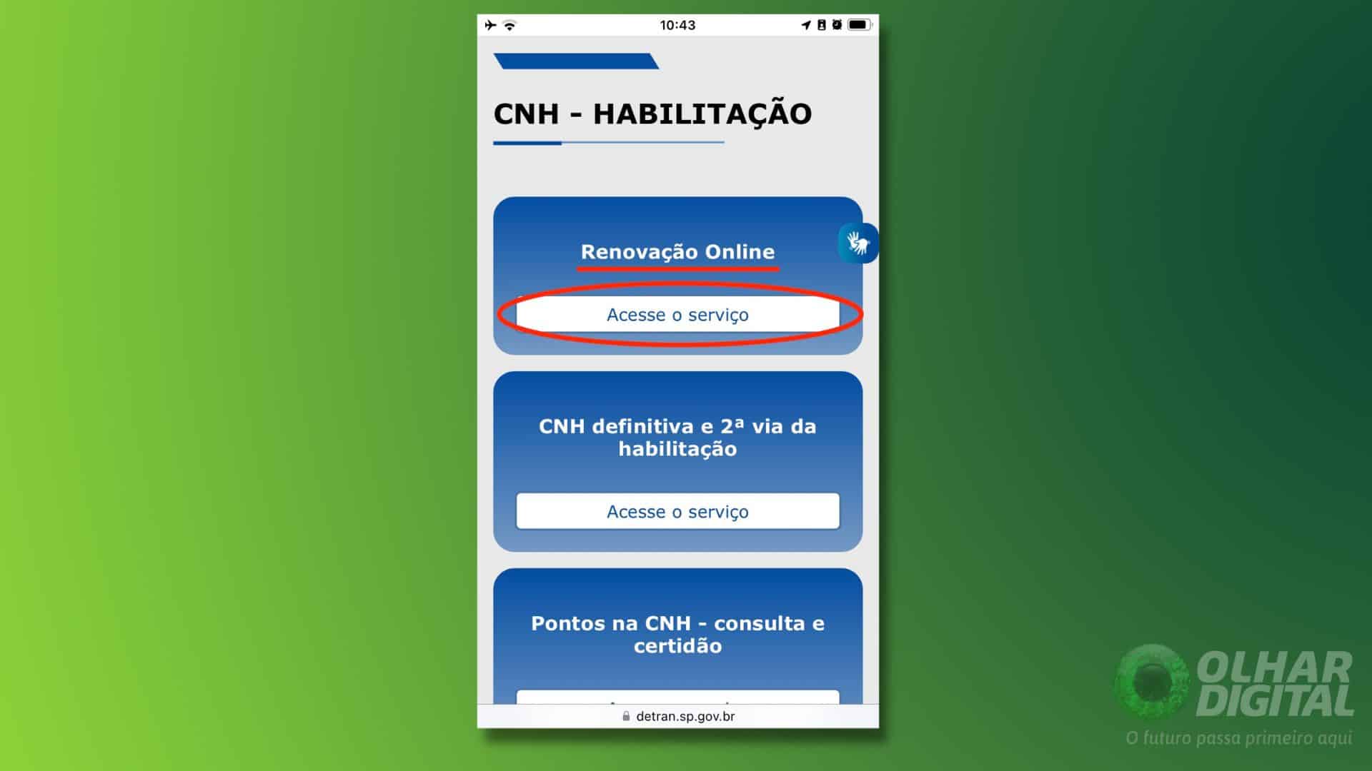 Telas no site do Detran no navegador de um iPhone