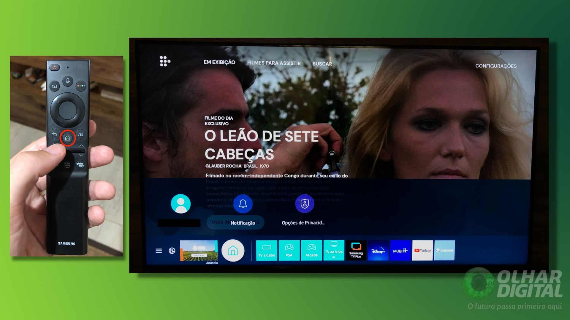 Controle e tela inicial de smart TV da Samsung