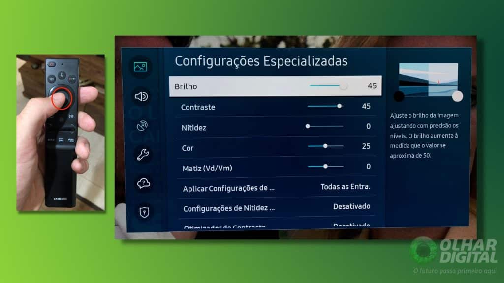 Controle e menu de configurações de smart TV da Samsung