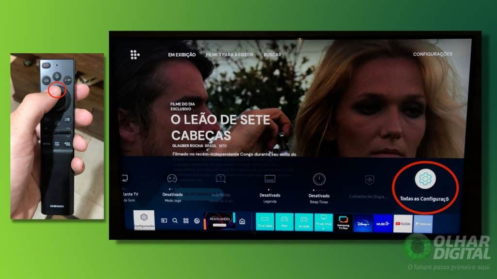 Controle e menu de configurações de smart TV da Samsung