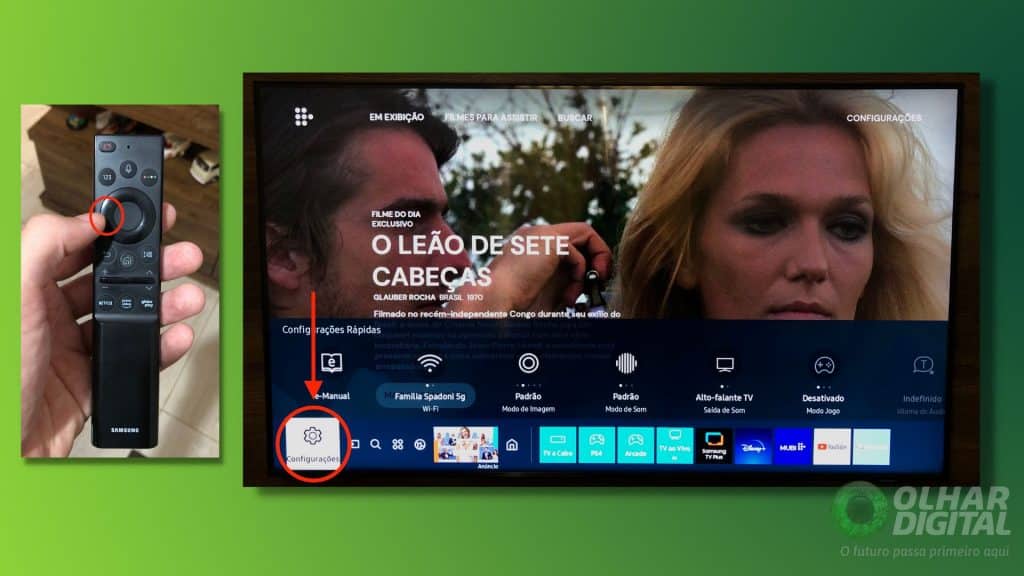 Controle e tela inicial de smart TV da Samsung