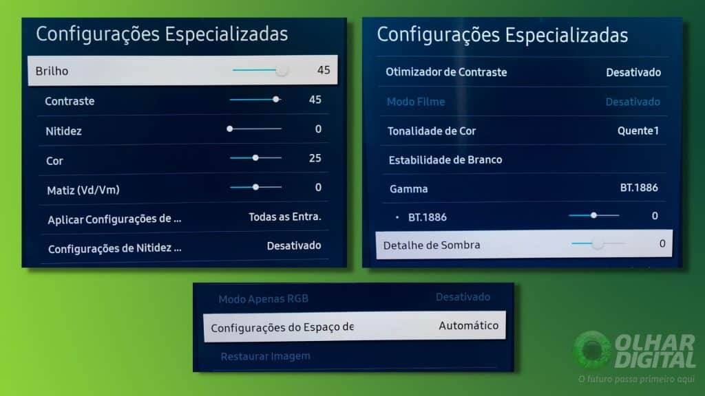 Telas de configurações de TV da Samsung