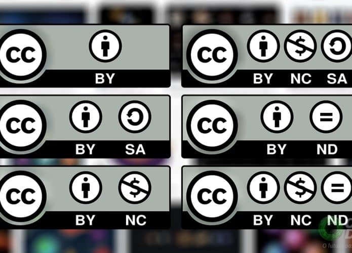 Selos das licenças Creative Commons na frente de uma busca por imagens no Google