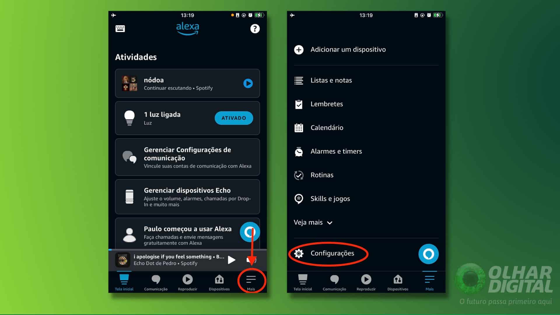 Telas do aplicativo da Alexa num iPhone