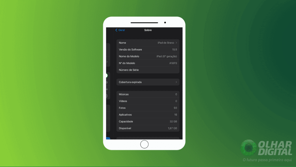 É possível saber qual é o modelo do seu iPad acessando o app Ajustes.