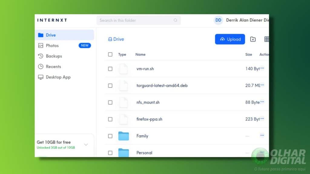 Tela do Internxt Drive