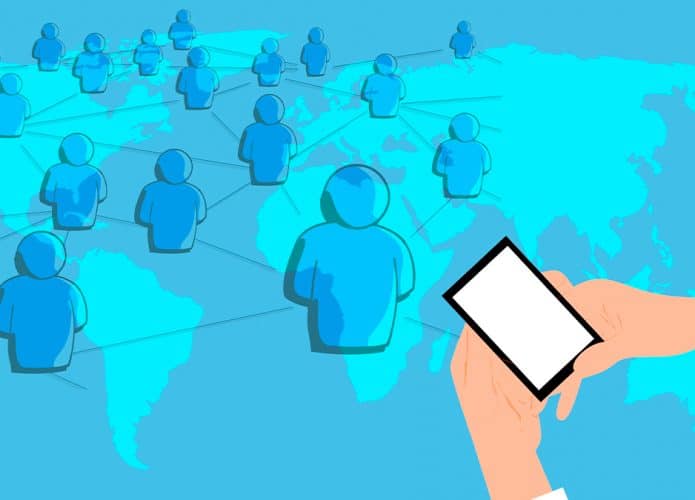 Ilustração de pessoa compartilhando, do celular, com pessoas mundo afora