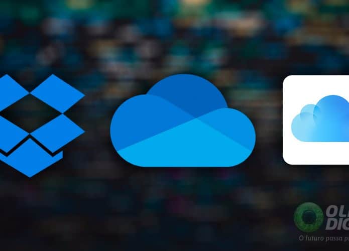 Logomarcas do Dropbox, OneDrive e iCloud Drive em frente tela com códigos de programação