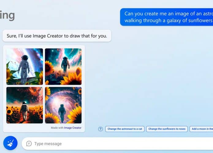 Tela do chatbot do Bing com gerador de imagens por inteligência artificial