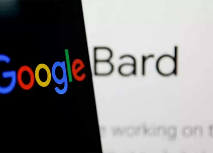 Celular com logomarca do Google na frente de tela com Bard escrito